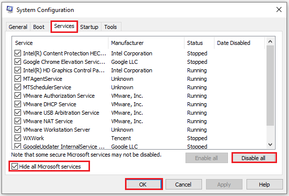 settings under the service tab