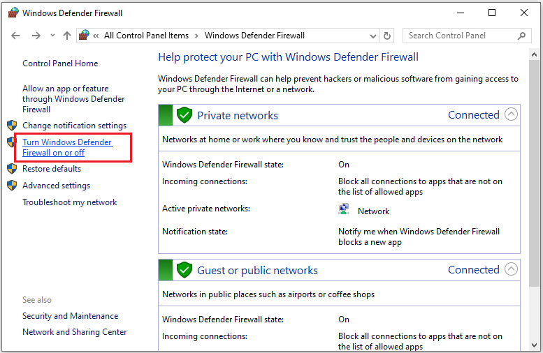 click turn windows firewall on or off option