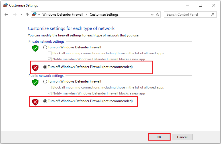 disable windows defender firewall