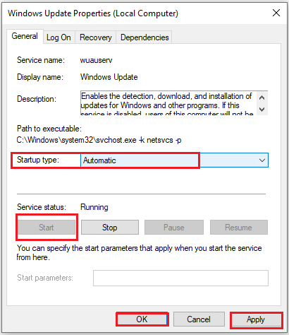 change the startup type of windows update