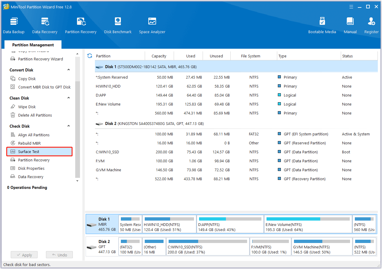 select the Surface Test feature