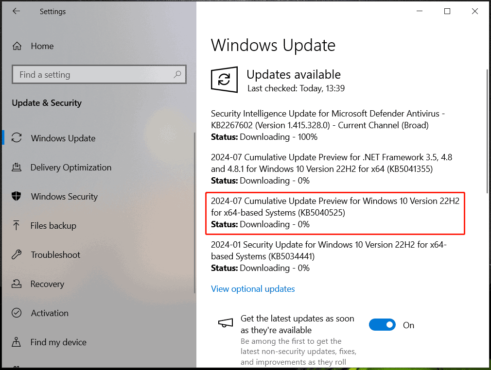 Windows 10 KB5040525 di Pengaturan