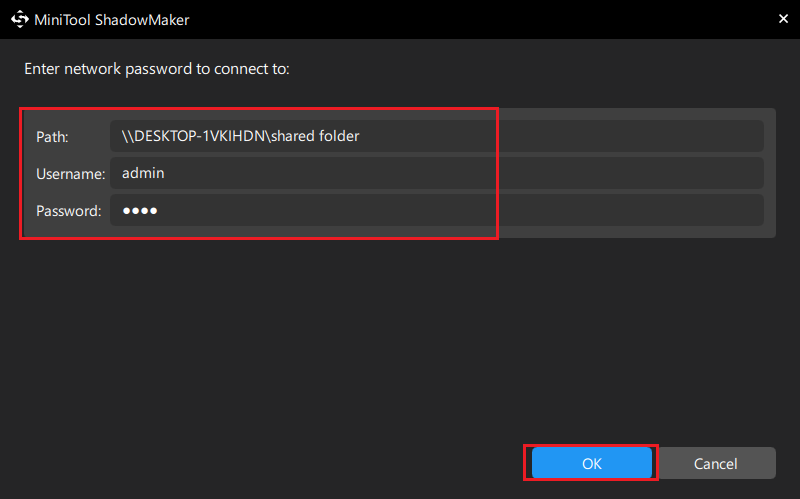 input path, username and password