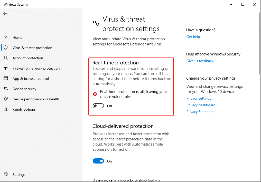 turn off the toggle of Real-time protection