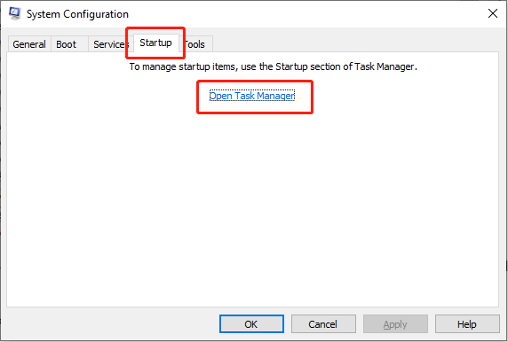 click Open Task Manager under the Startup tab