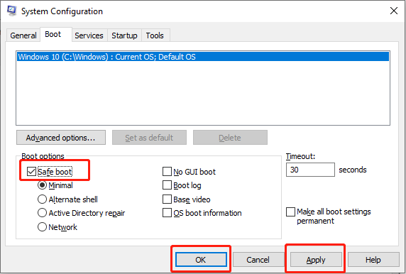 check Safe boot, then click Apply and OK