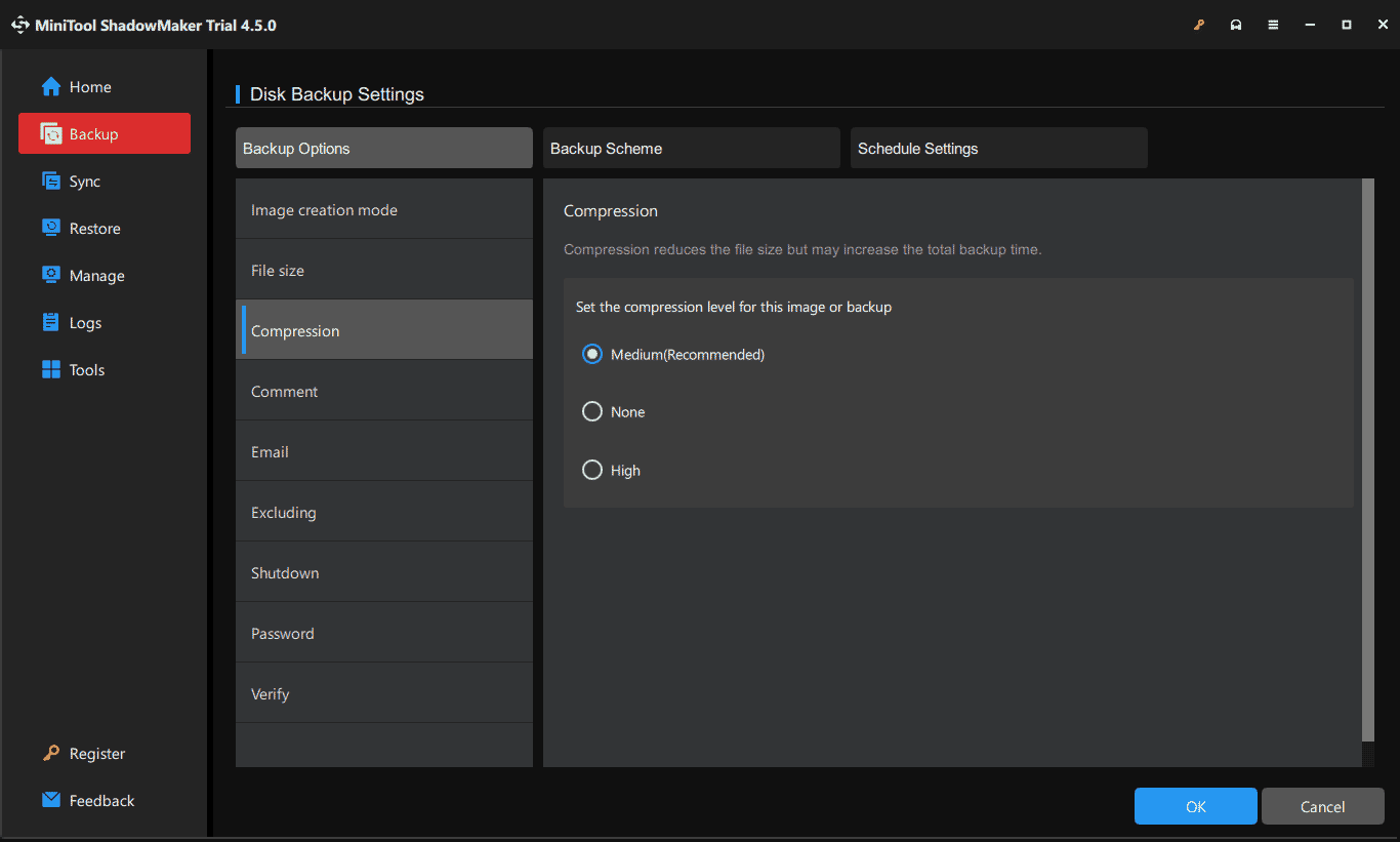 disk backup settings