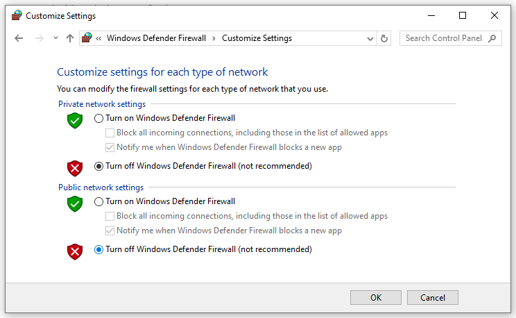 Matikan Windows Defender Firewall (tidak disarankan)