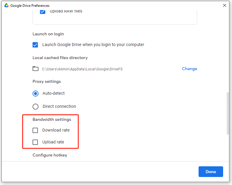 Bandwidth settings