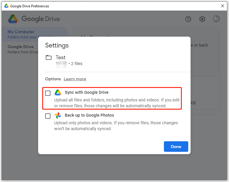 uncheck Sync with Google Drive