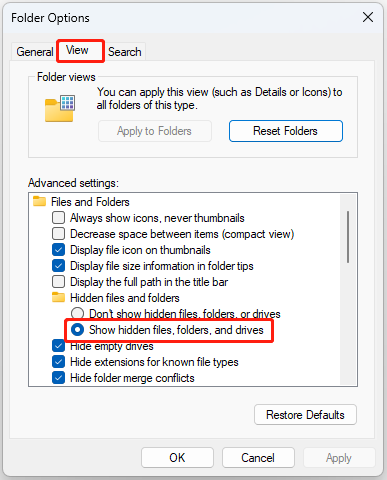 check the Show hidden files, folders and drives option