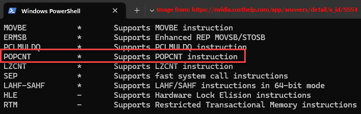 Coreinfo periksa apakah CPU Anda mendukung POPCNT