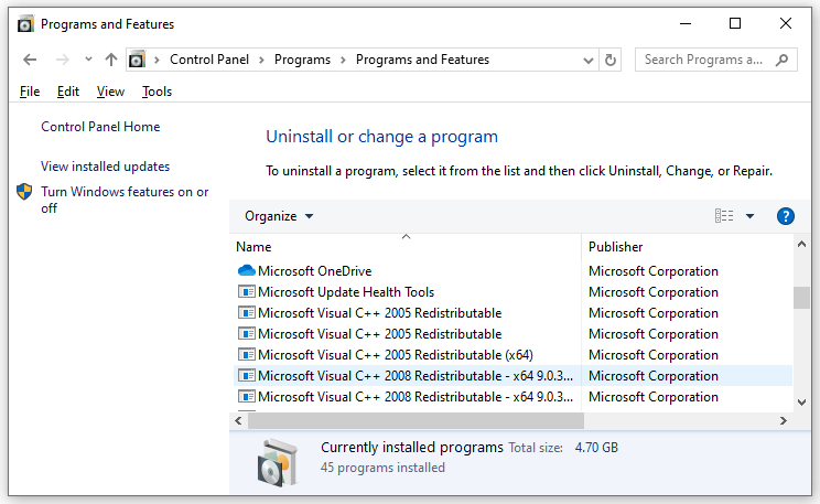 currently installed Microsoft Visual C++ versions