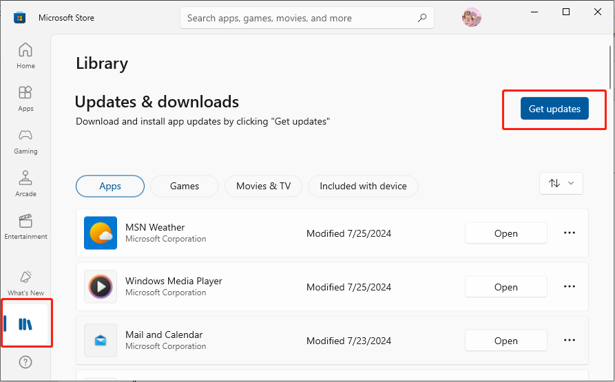 choose Library and select Get updates