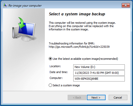 select a system image backup