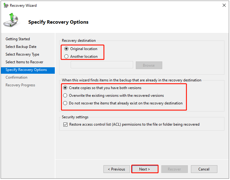 choose the recovery options