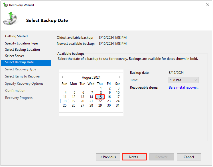 select the date of a backup to use for recovery