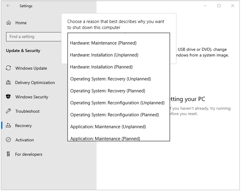 choose a reason to shut down the PC