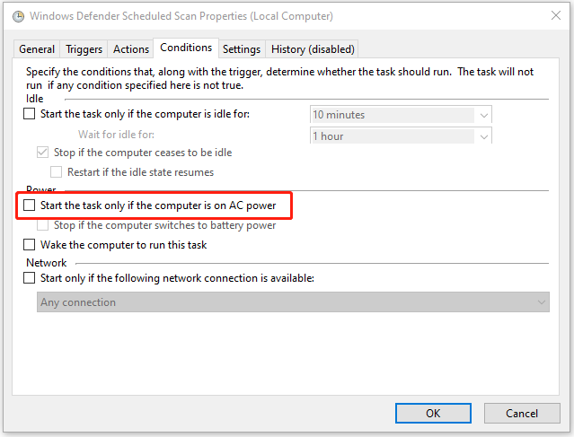uncheck Start the task only if the computer is on AC power