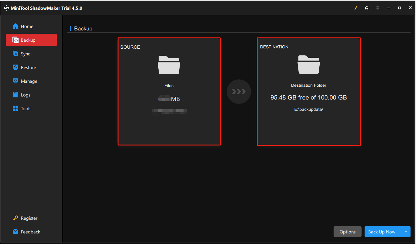 set up the backup files and destination path