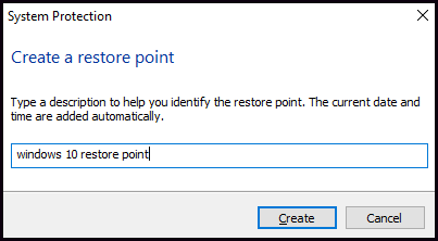 type a description to identify the restore point