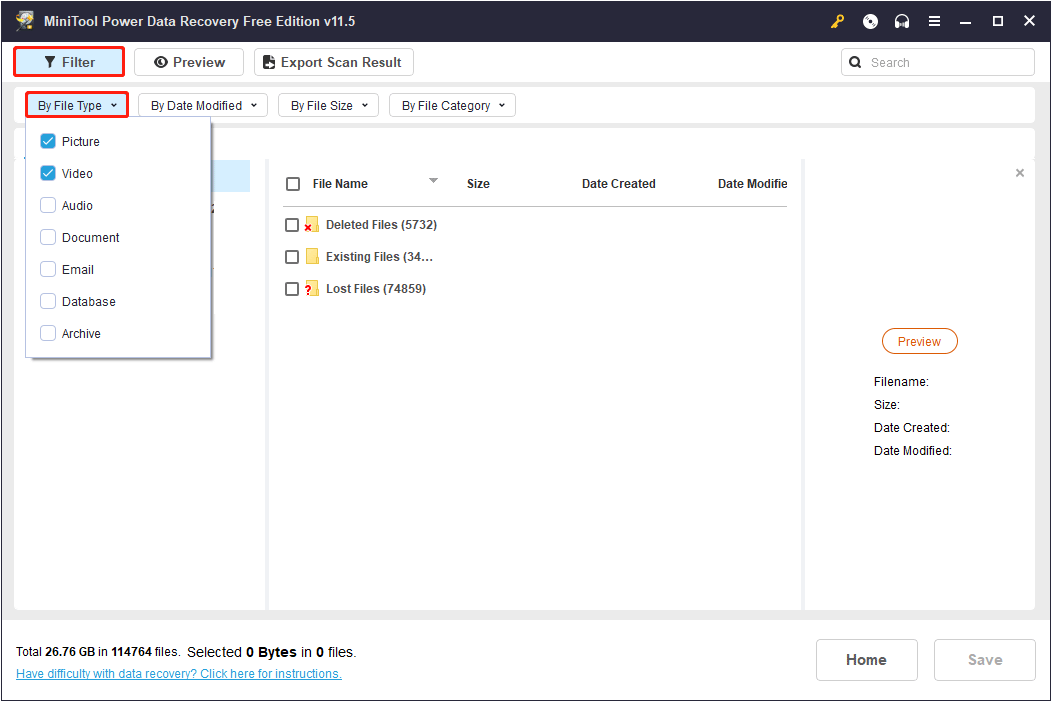 filtrer les fichiers par type de fichier