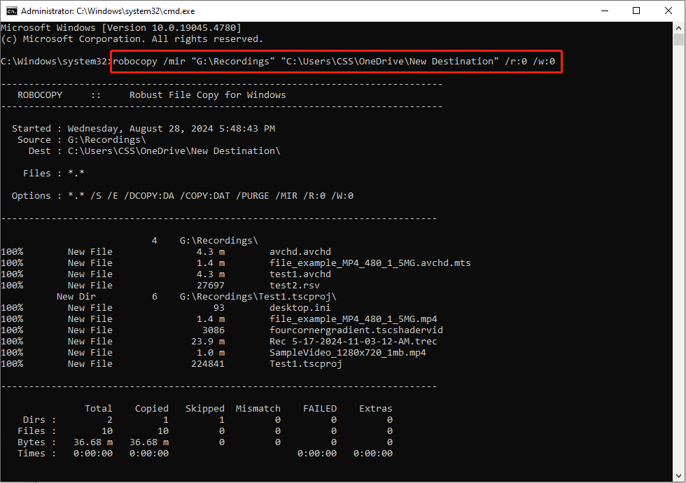 run the Robocopy command line