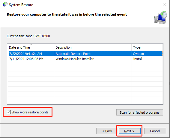 klik Tampilkan lebih banyak titik pemulihan dan pilih Berikutnya