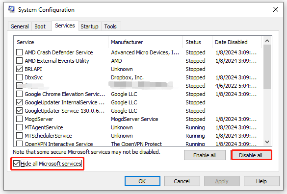 tick Hide all Microsoft services