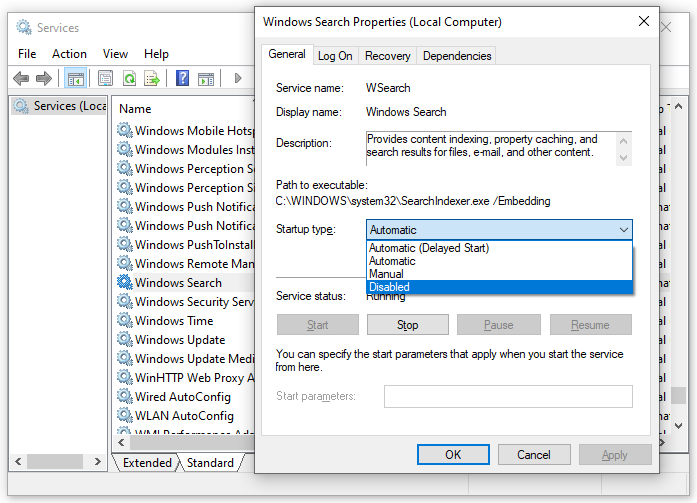 disable Windows Search services