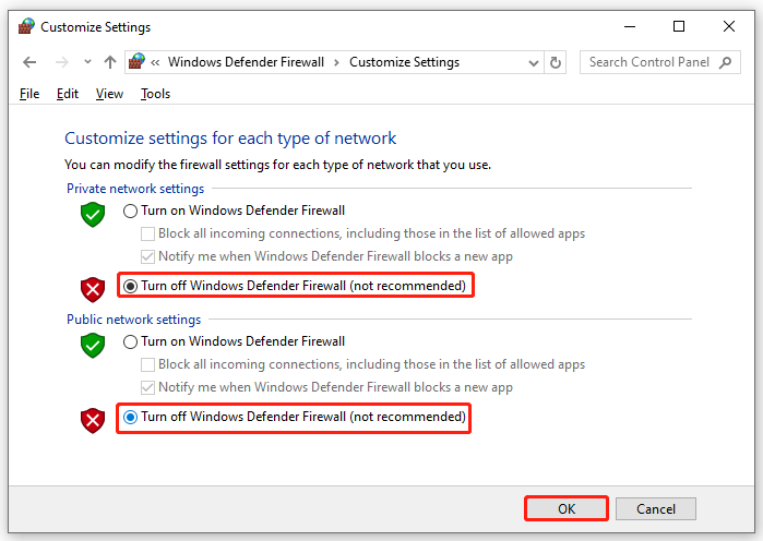 turn off Windows Defender Firewall