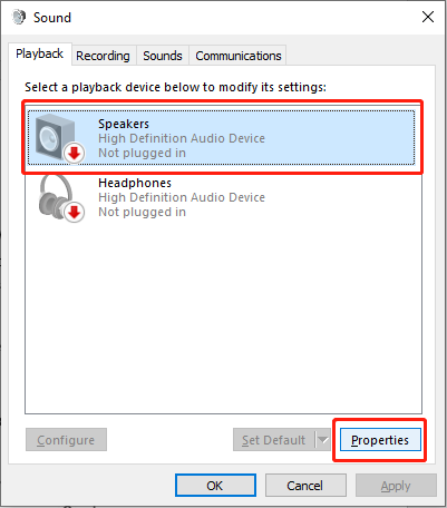 select the device and click Properties