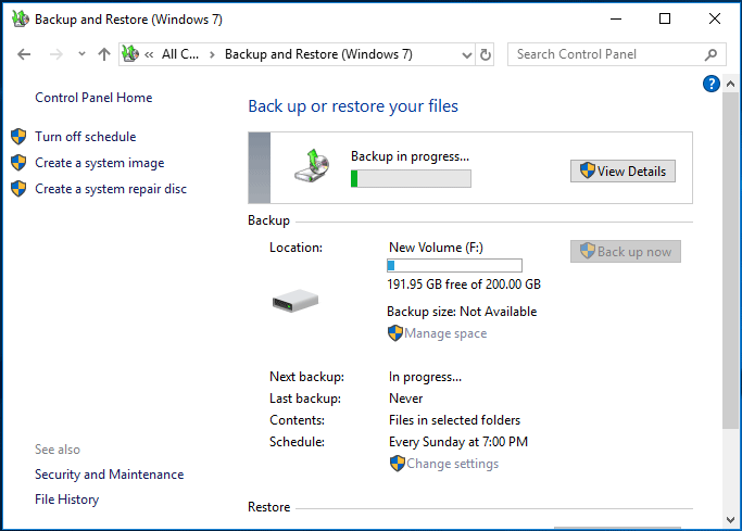 O processo de backup de arquivos é iniciado