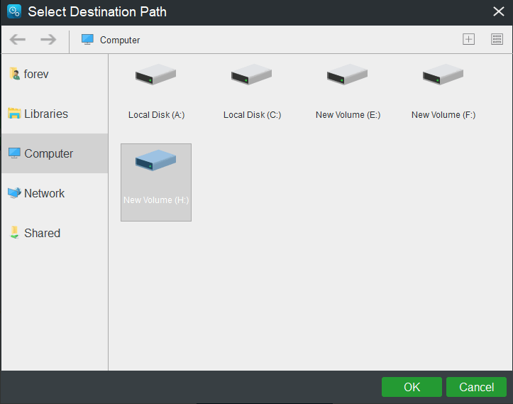 Escolha o destino do backup