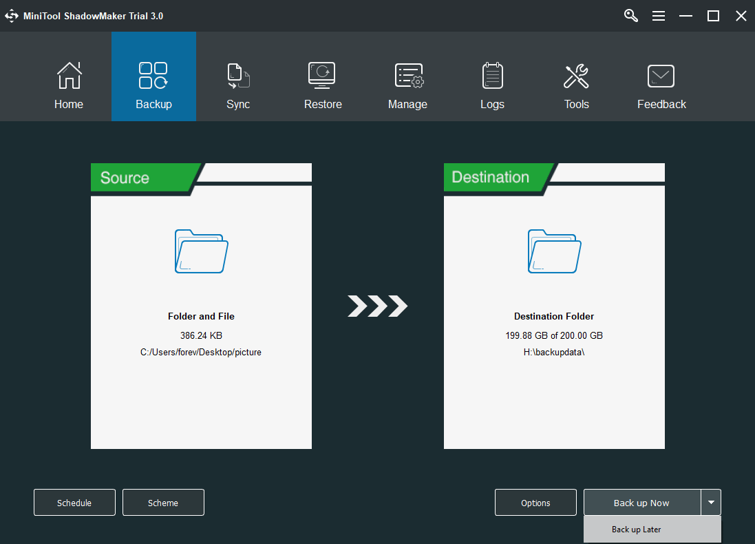 clique em Fazer backup agora para executar o backup de dados imediatamente