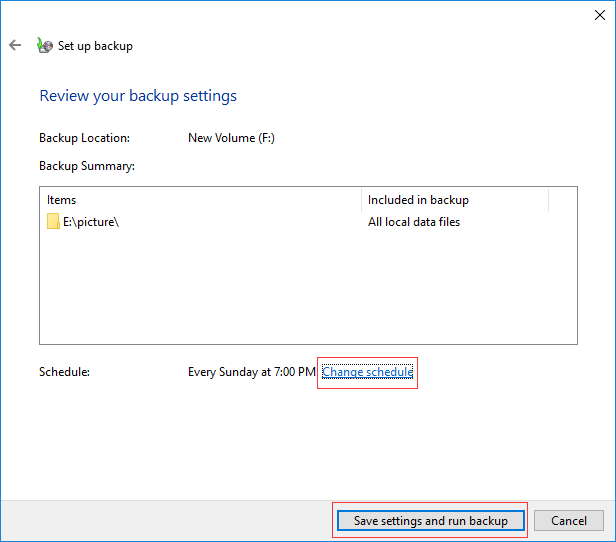 Clique em Salvar configurações e execute o backup para continuar