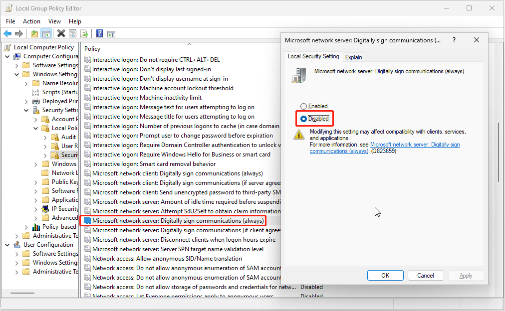 disable the Microsoft network client: Digitally sign communications (always) option in the Local Group Policy Editor