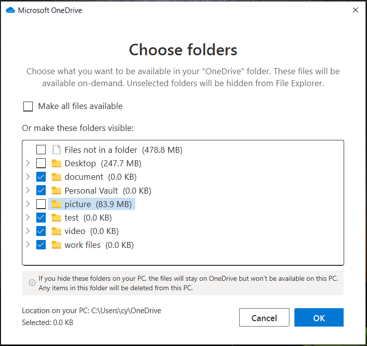 décocher les dossiers dans OneDrive