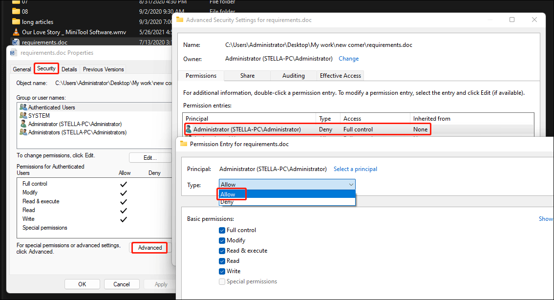 prendre les autorisations pour ce fichier ou dossier