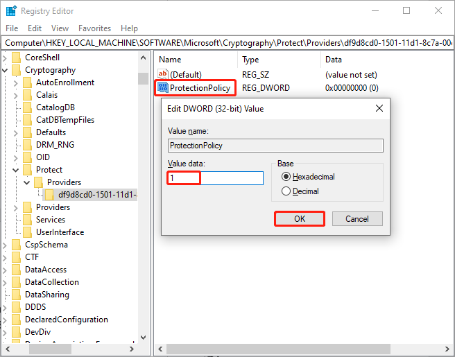 in the Registry Editor page, change ProtectionPolicy’s value to 1