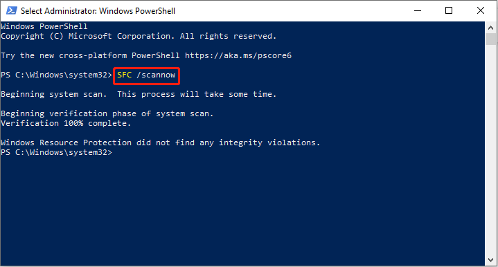 in the PowerShell window, input SFC /scannow to check and repair system files