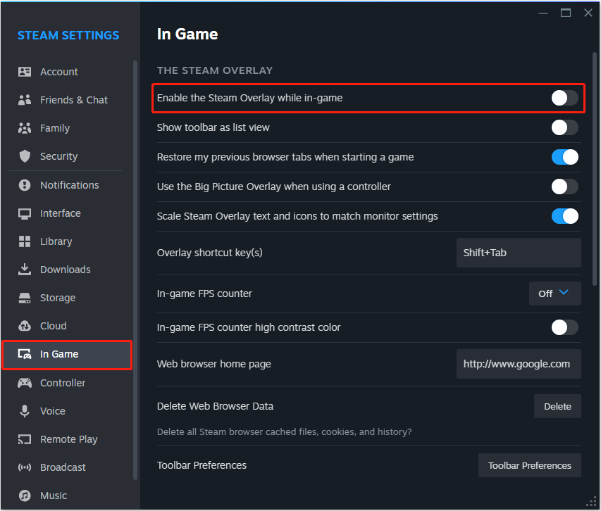 turn off Steam Overlay