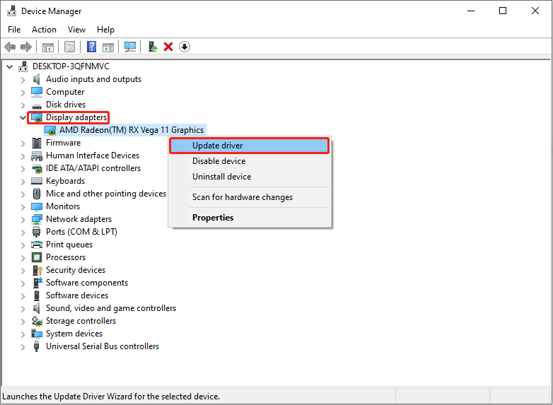 update the display driver in Device Manager