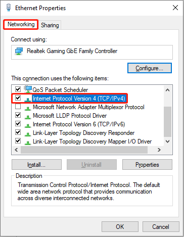 choose Internet Protocol Version 4 (TCP/IPv4) to change the DNS server addresses