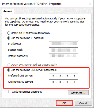 input the new DNS server addresses in both preferred and alternate DNS server fields