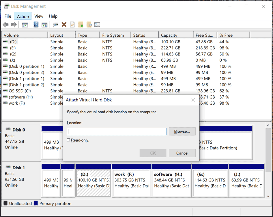 attach virtual hard disk in Disk Management