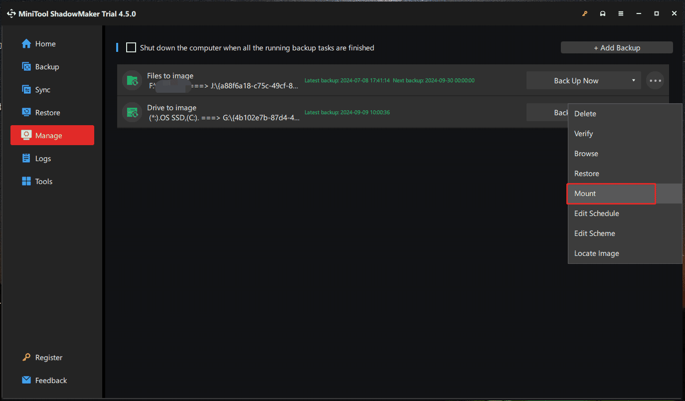 Mount system drive backup