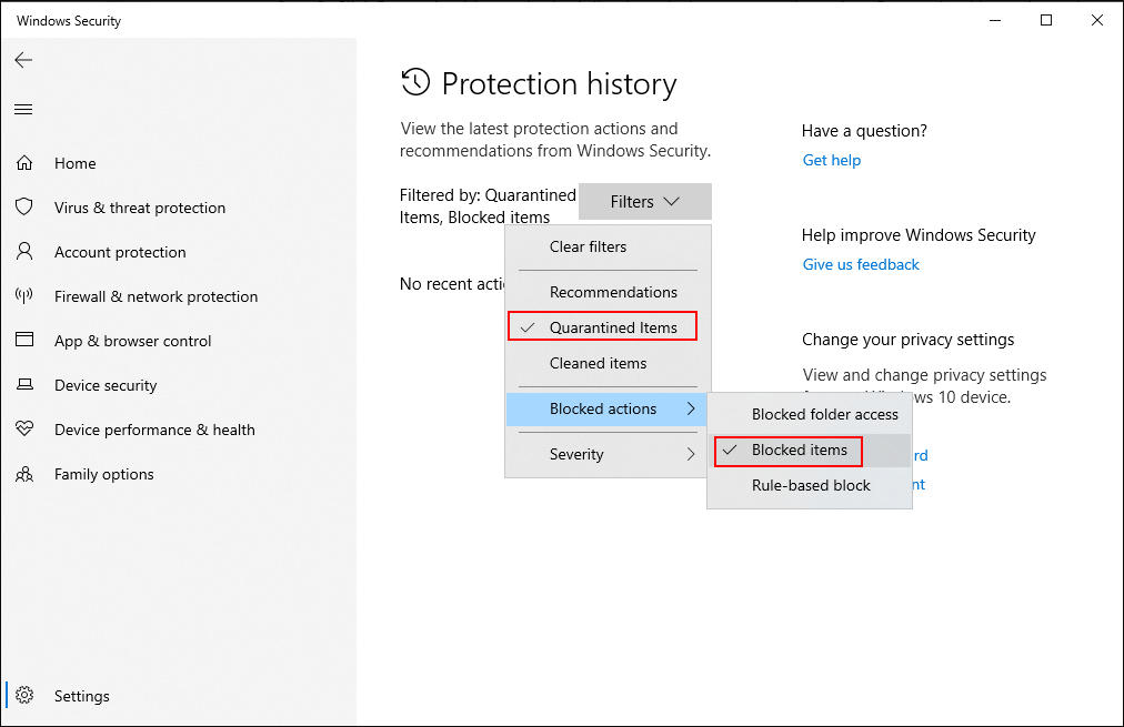 select Quarantined Items and Blocked items to find OnlineFix64.dll file in Windows Security