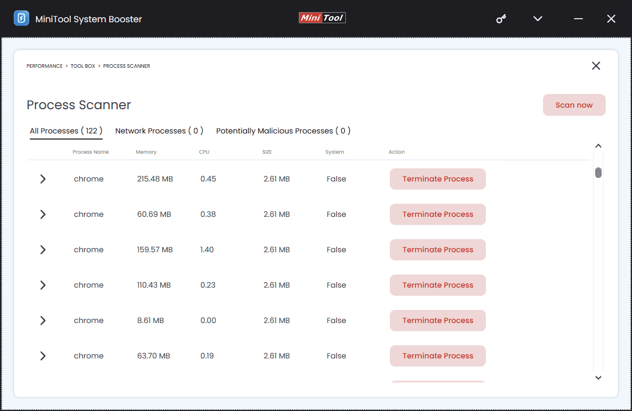 MiniTool System Booster Process Scanner