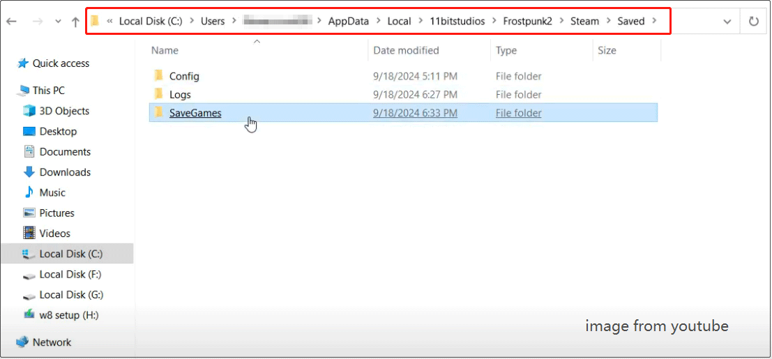 the Frostpunk 2 save file location is displayed in the address bar in File Explorer